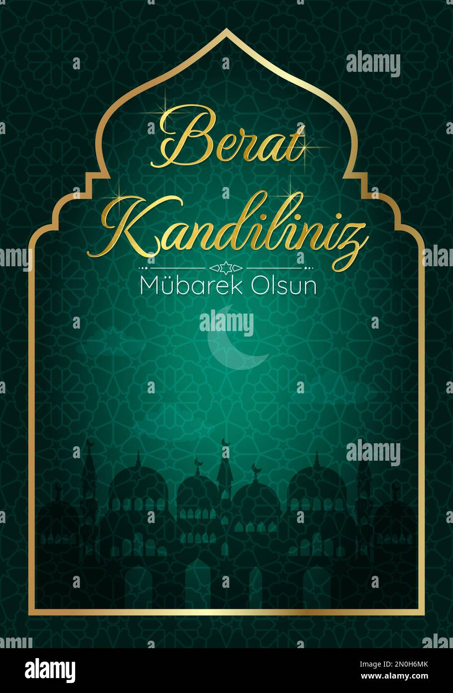 Vacanza musulmana Berat Kandiliniz. Concetto vettoriale della notte Santa islamica. Scheda verticale con silhouette della moschea e luna crescente. Mubarec olsun. V Illustrazione Vettoriale