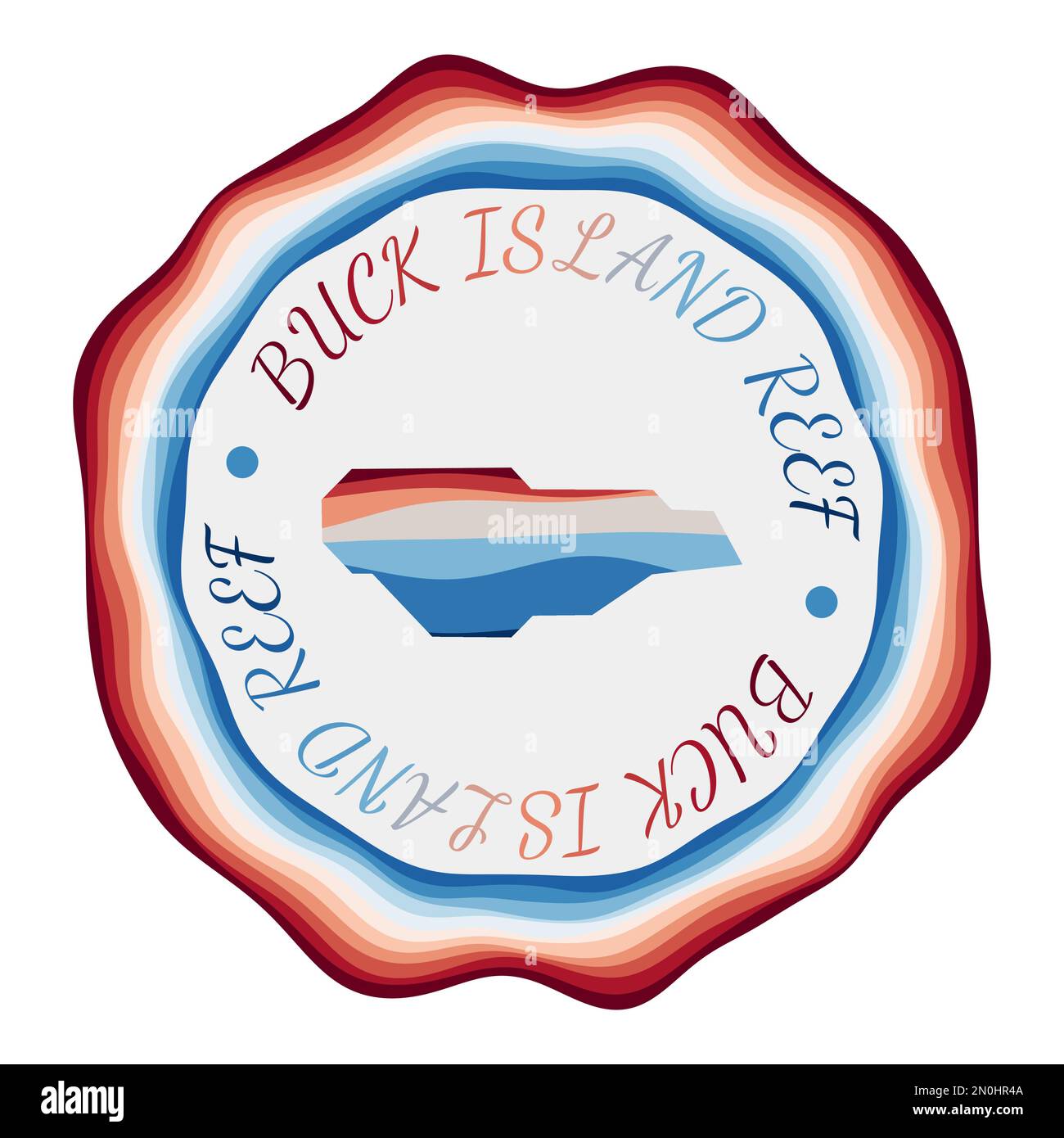 Distintivo Buck Island Reef. Mappa dell'isola con belle onde geometriche e vivace cornice blu rosso. Logo rotondo brillante. Illustrazione vettoriale. Illustrazione Vettoriale