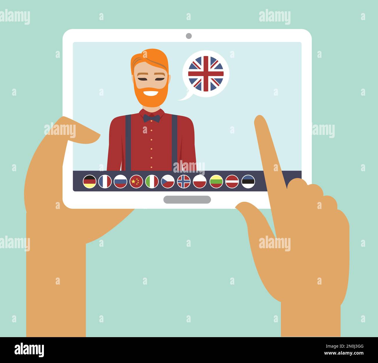 Concetto di apprendimento linguistico online, illustrazione a vettore piatto Illustrazione Vettoriale