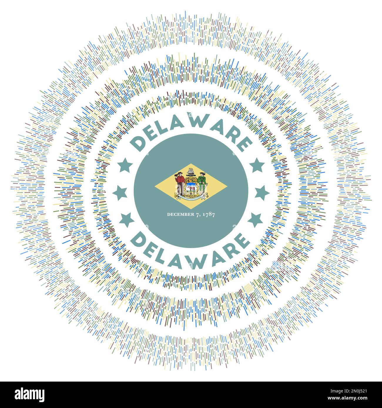 Simbolo Delaware. Radiosa bandiera dello Stato degli Stati Uniti con raggi colorati. Un sole splendente con la bandiera del Delaware. Illustrazione vettoriale di tendenza. Illustrazione Vettoriale