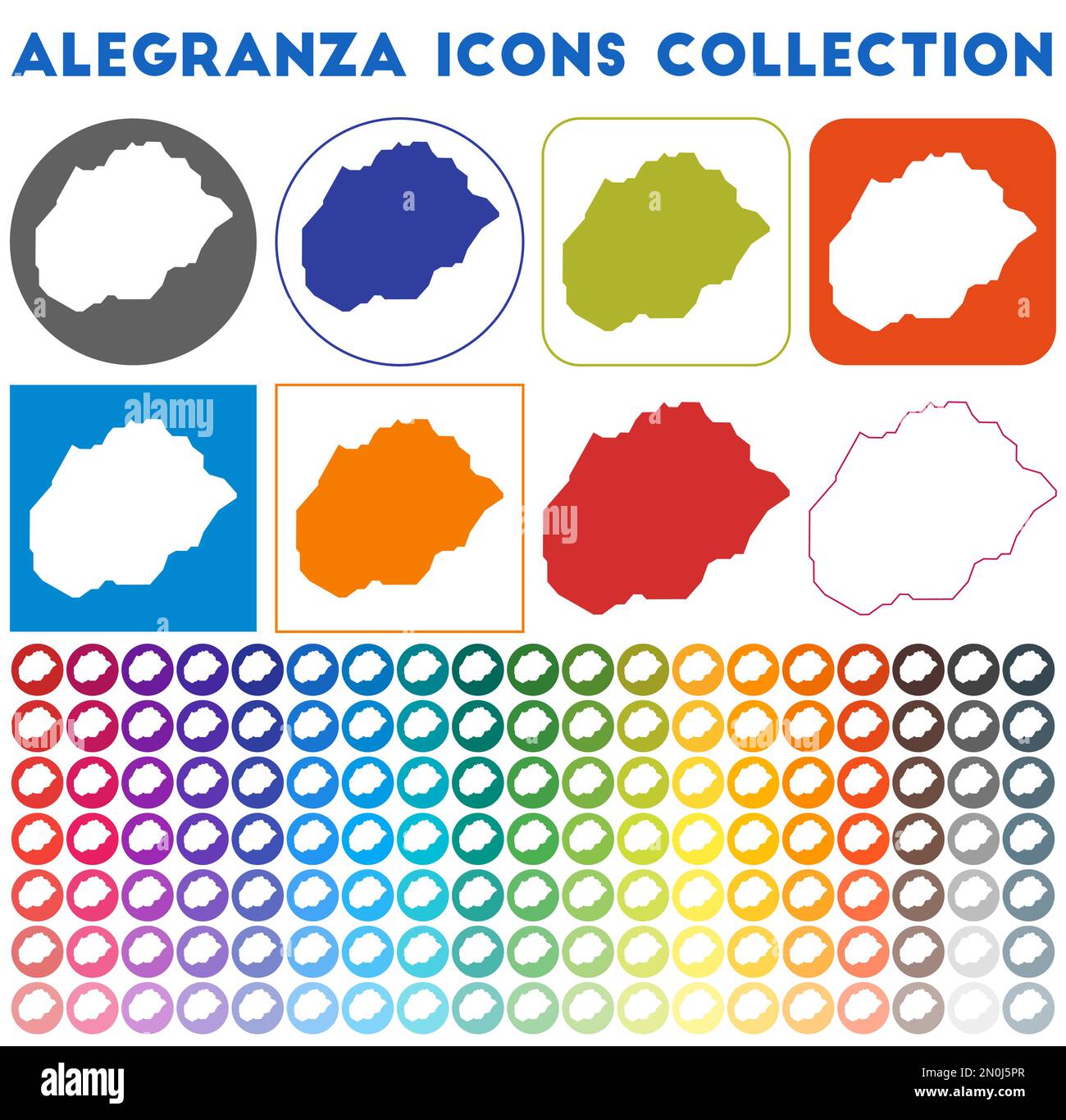Collezione di icone Alegranza. Icone luminose colorate e alla moda. Moderno distintivo di Alegranza con mappa dell'isola. Illustrazione vettoriale. Illustrazione Vettoriale