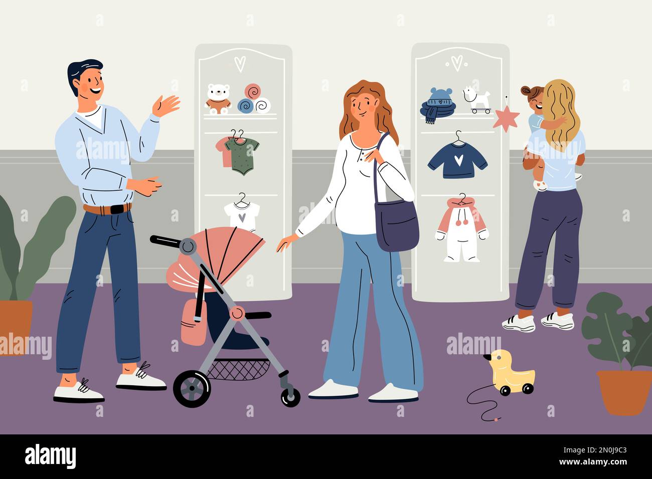 Genitori in attesa nel negozio per bambini. La donna incinta e suo marito scelgono i vestiti del bambino. Coppia nello shopping di amore. Madre e padre fanno acquisti per Illustrazione Vettoriale
