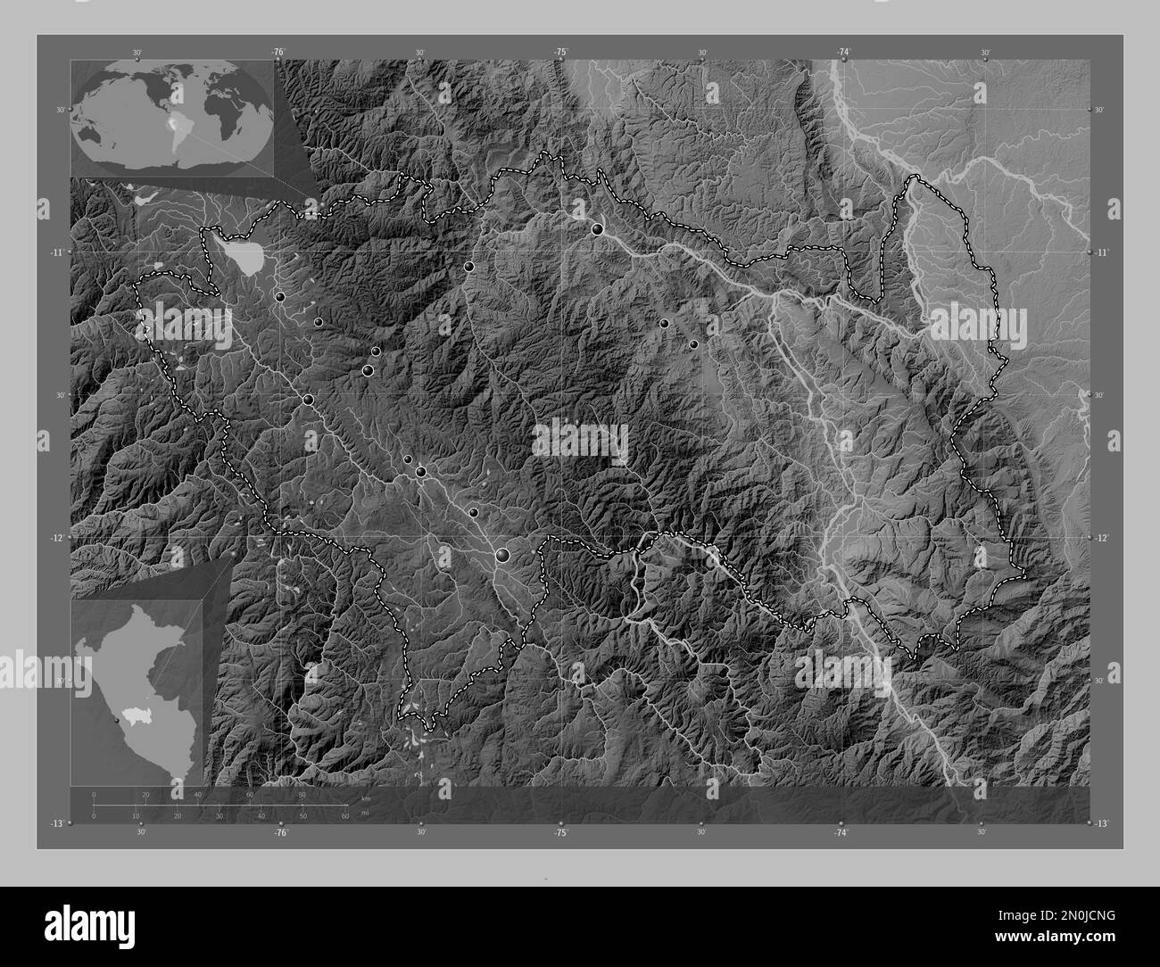 Junin, regione del Perù. Mappa in scala di grigi con laghi e fiumi. Posizioni delle principali città della regione. Mappe delle posizioni ausiliarie degli angoli Foto Stock