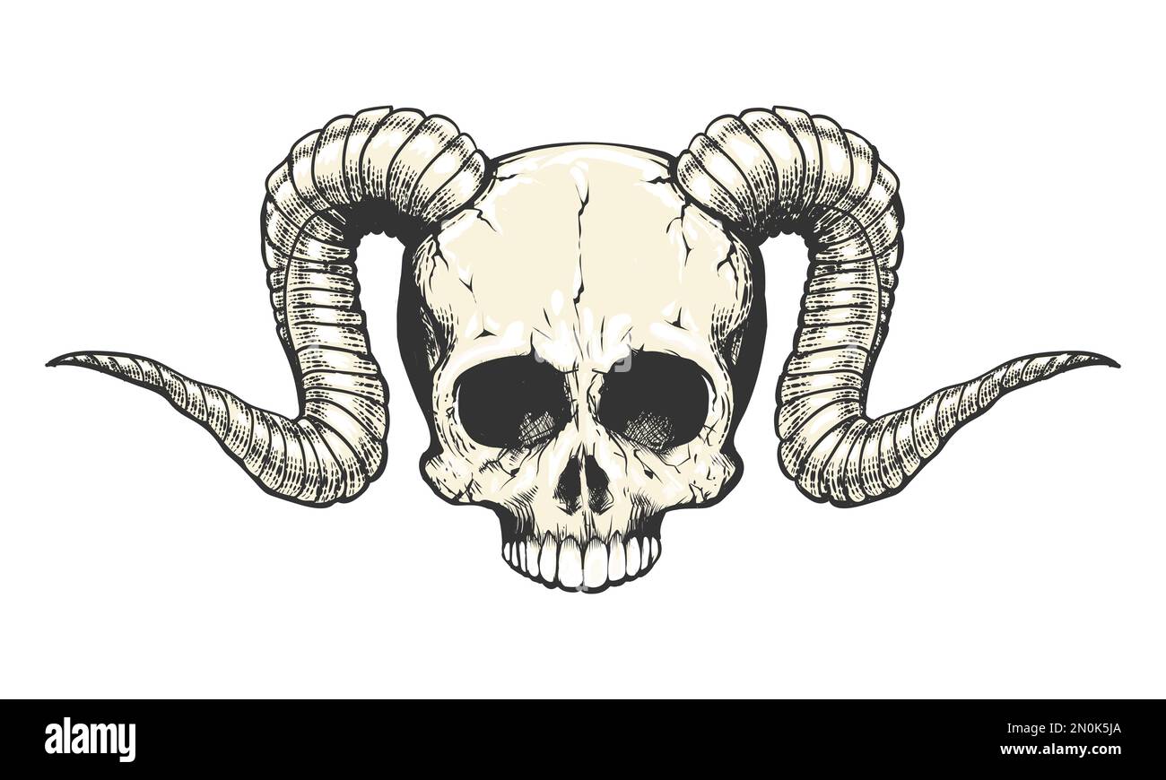Tatuaggio del cranio umano con RAM Horns isolato su bianco. Illustrazione vettoriale Illustrazione Vettoriale