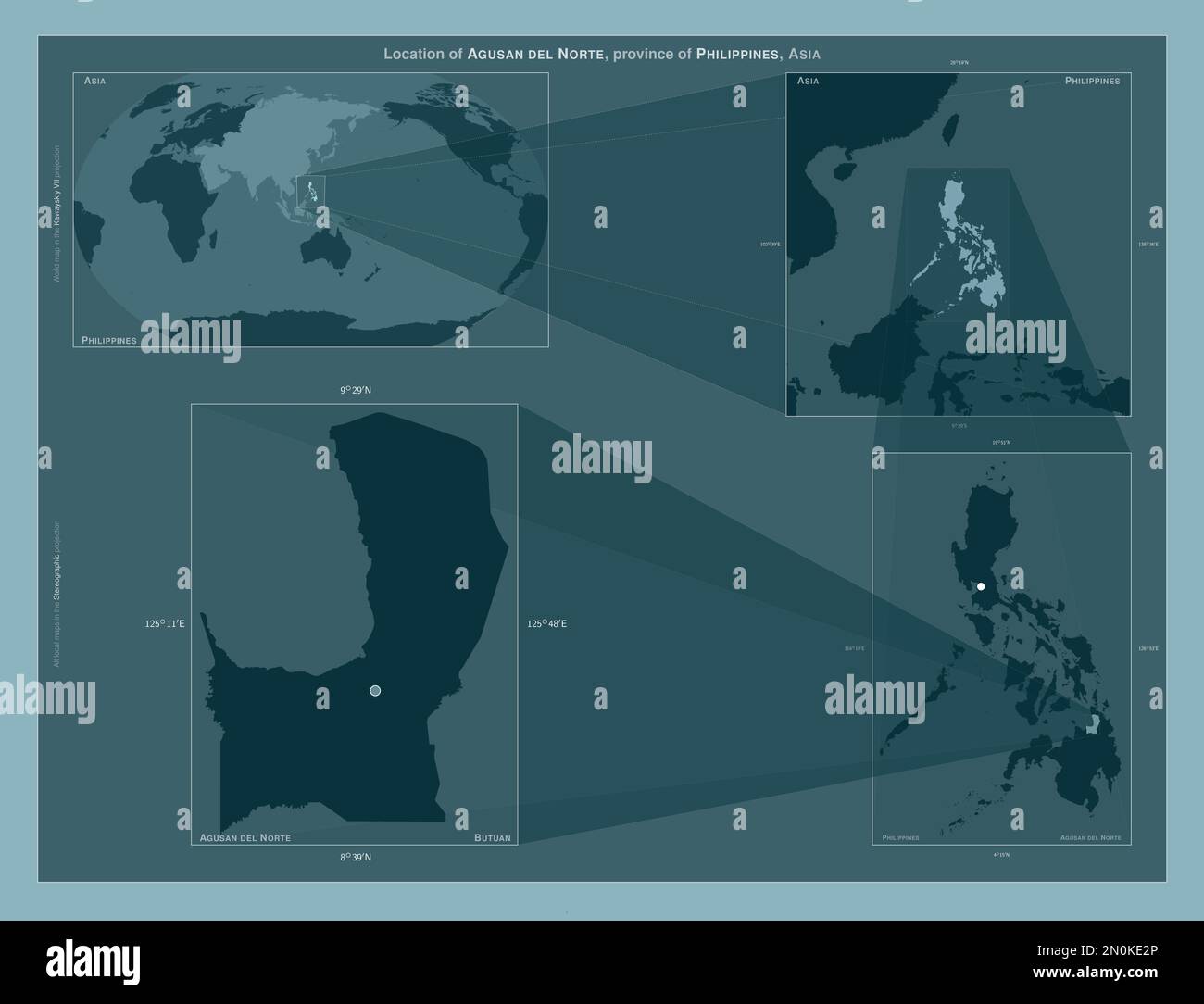 Agusan del Norte, provincia delle Filippine. Diagramma che mostra la posizione della regione su mappe in scala più grande. Composizione di fotogrammi vettoriali e forma PNG Foto Stock