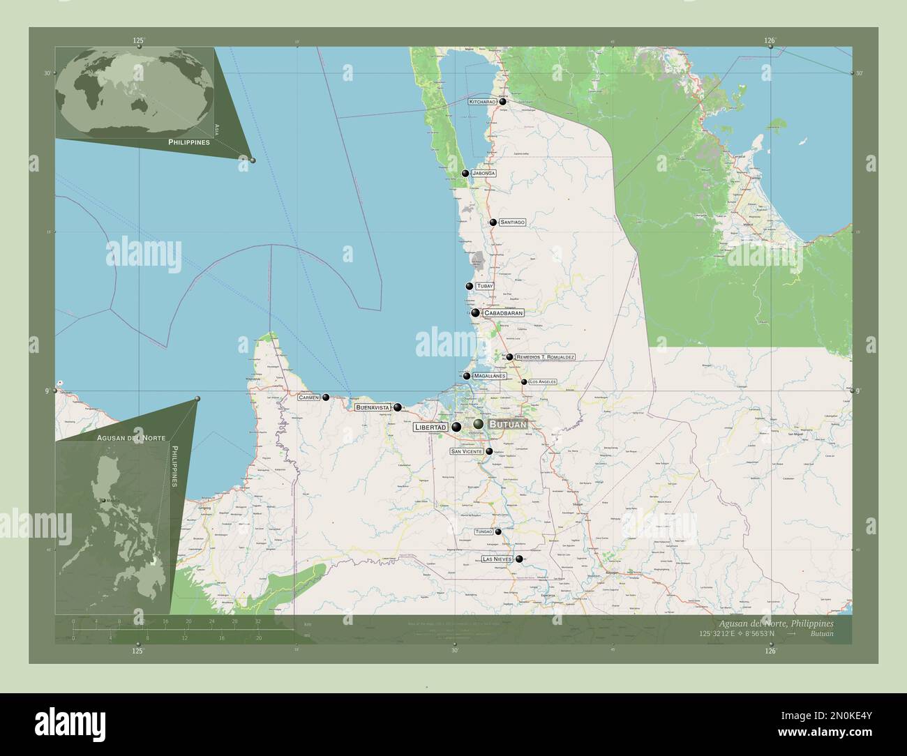 Agusan del Norte, provincia delle Filippine. Aprire la mappa stradale. Località e nomi delle principali città della regione. Mappe delle posizioni ausiliarie degli angoli Foto Stock