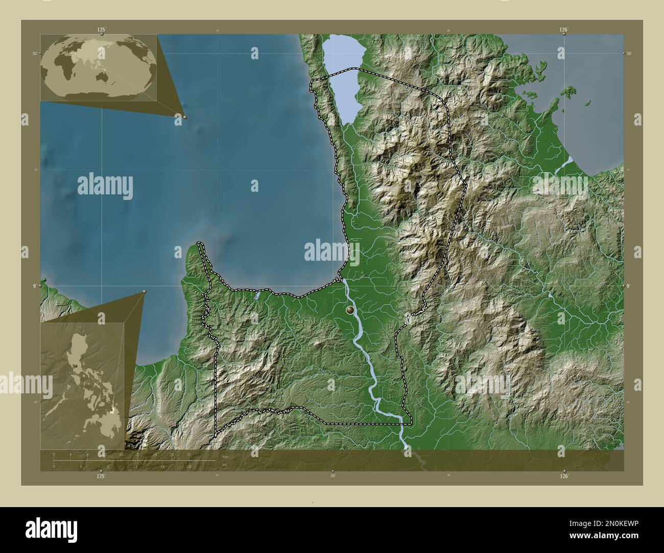 Agusan del Norte, provincia delle Filippine. Mappa dell'altitudine colorata in stile wiki con laghi e fiumi. Mappe delle posizioni ausiliarie degli angoli Foto Stock
