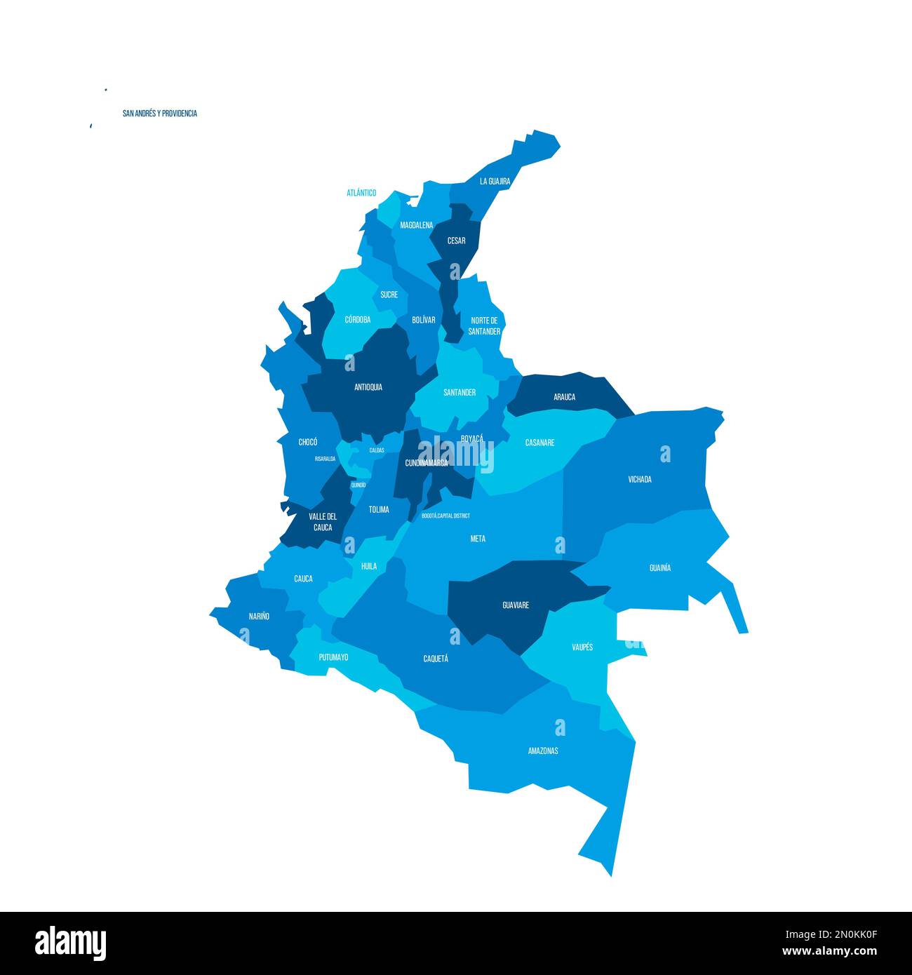Colombia mappa politica delle divisioni amministrative - dipartimenti e distretto della capitale. Mappa vettoriale blu piatta con etichette dei nomi. Illustrazione Vettoriale