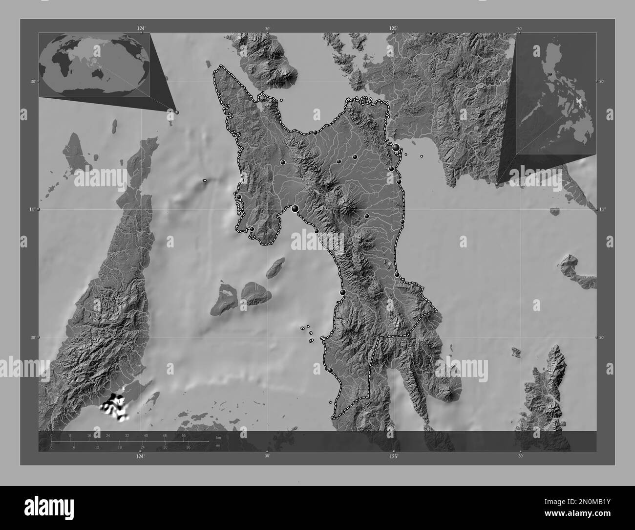 Leyte, provincia delle Filippine. Mappa altimetrica bilivello con laghi