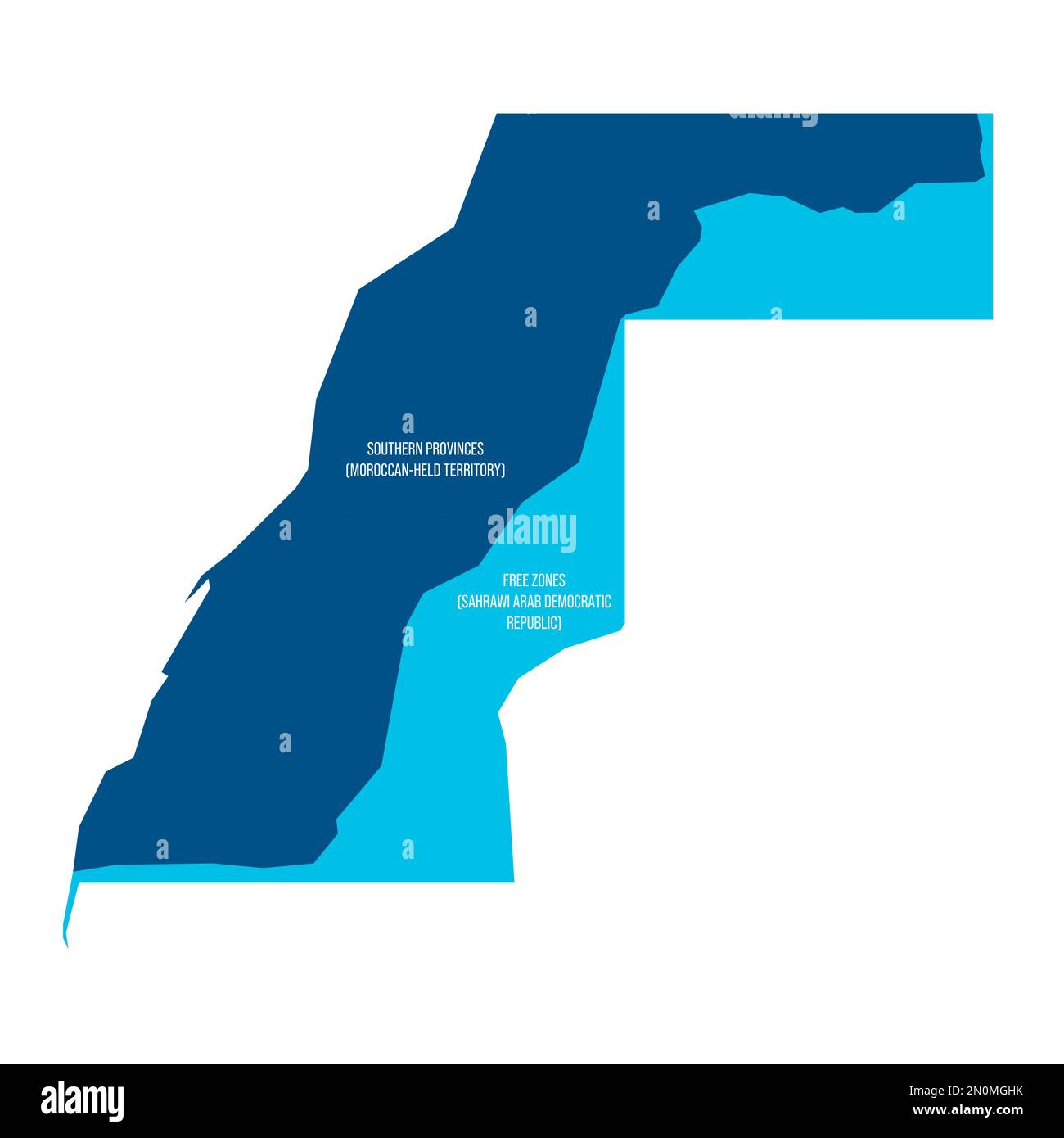 Mappa occidentale della terra divisa tra il Marocco e la Repubblica Araba Democratica del Sahara dal Muro del Sahara Occidentale del Marocco. Mappa vettoriale blu piatta con etichette dei nomi. Illustrazione Vettoriale