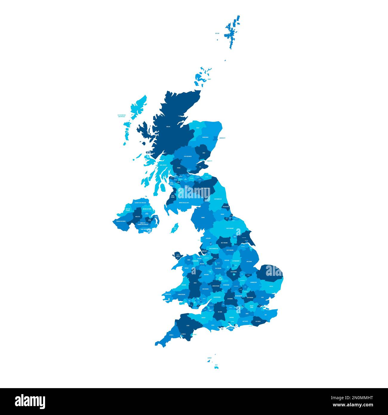 Regno Unito di Gran Bretagna e Irlanda del Nord Mappa politica delle divisioni amministrative: Contee, autorità unitarie e Greater London in Inghilterra, distretti dell'Irlanda del Nord, aree del consiglio della Scozia e contee, distretti e città del Galles. Mappa vettoriale blu piatta con etichette dei nomi. Illustrazione Vettoriale