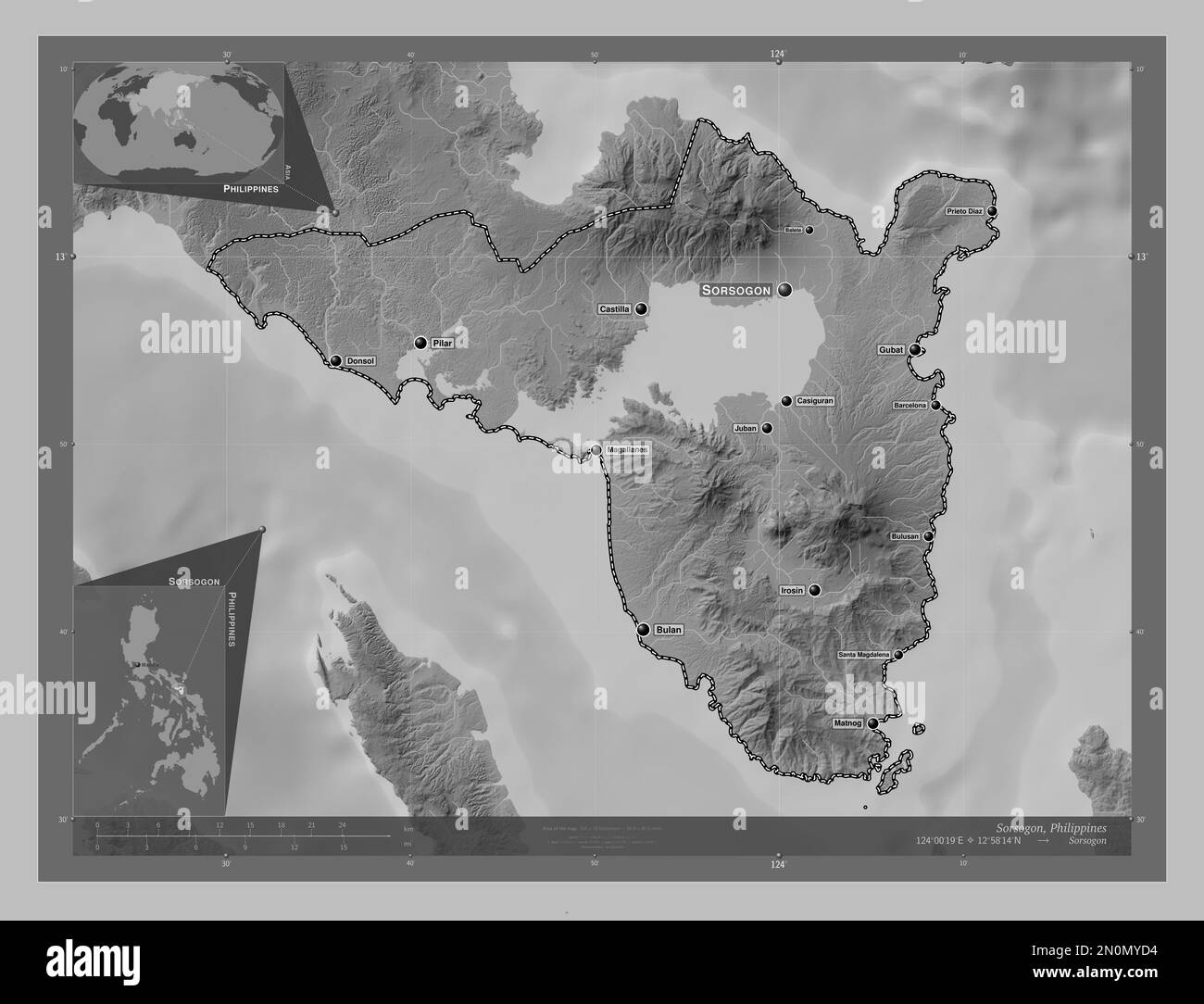 Sorsogon, provincia delle Filippine. Mappa in scala di grigi con laghi e fiumi. Località e nomi delle principali città della regione. Angolo ausiliario Foto Stock