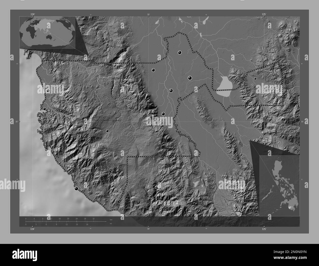 Sultan Kudarat, provincia delle Filippine. Mappa altimetrica bilivello con laghi e fiumi. Posizioni delle principali città della regione. Posizione ausiliaria d'angolo Foto Stock