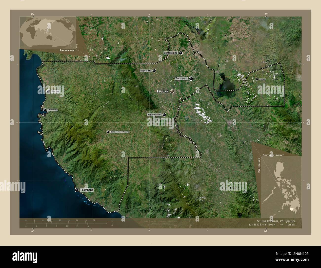 Sultan Kudarat, provincia delle Filippine. Mappa satellitare ad alta risoluzione. Località e nomi delle principali città della regione. Posizione ausiliaria ad angolo m Foto Stock