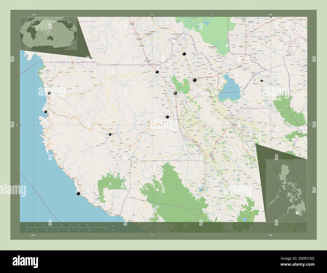 Sultan Kudarat, provincia delle Filippine. Aprire la mappa stradale. Posizioni delle principali città della regione. Mappe delle posizioni ausiliarie degli angoli Foto Stock