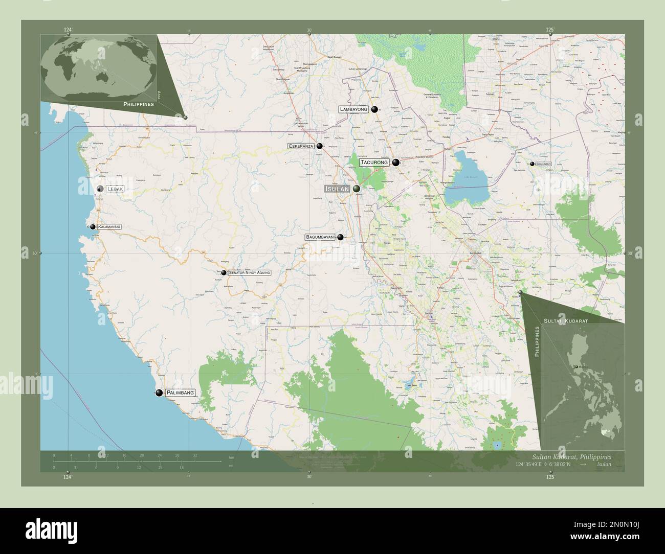 Sultan Kudarat, provincia delle Filippine. Aprire la mappa stradale. Località e nomi delle principali città della regione. Mappe delle posizioni ausiliarie degli angoli Foto Stock