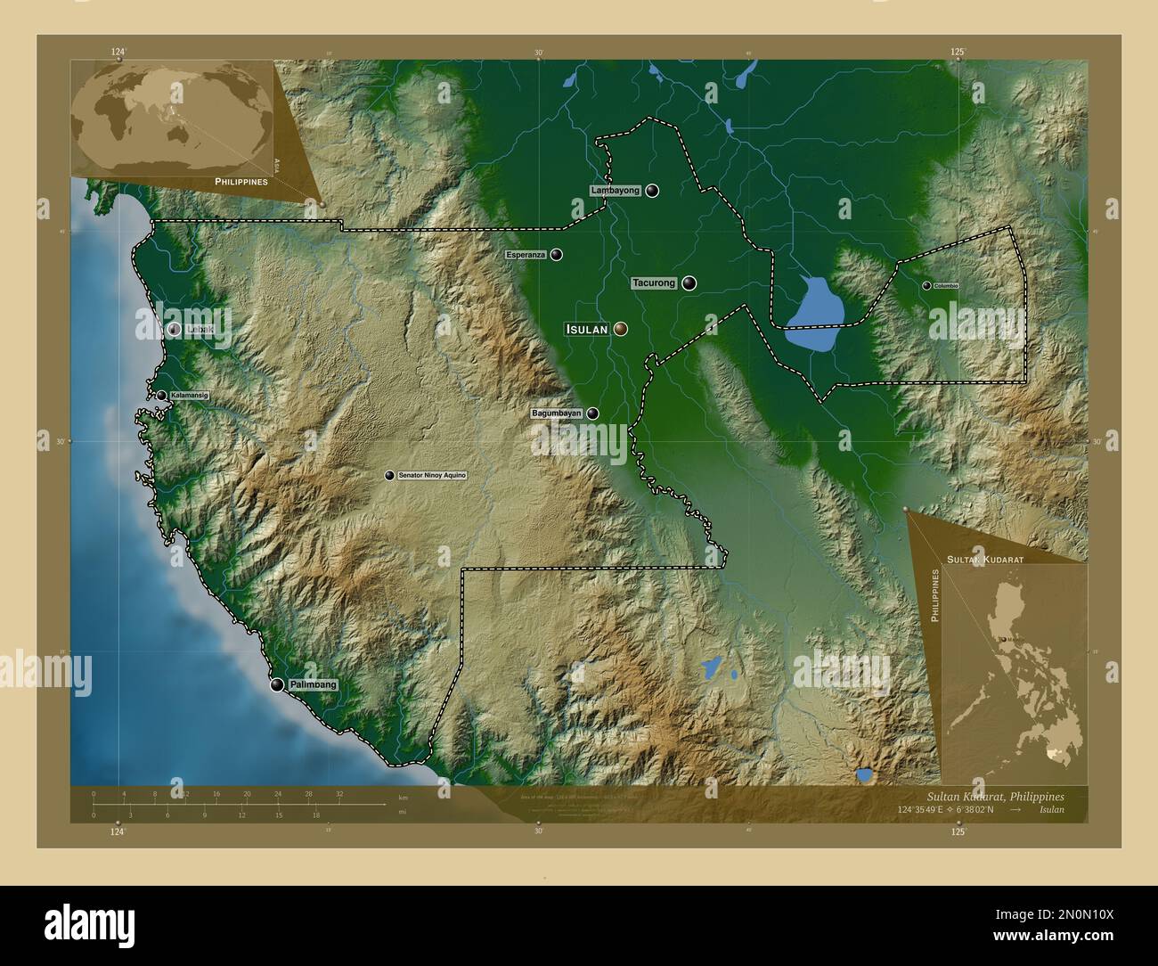 Sultan Kudarat, provincia delle Filippine. Mappa di altitudine colorata con laghi e fiumi. Località e nomi delle principali città della regione. Angolo auxili Foto Stock