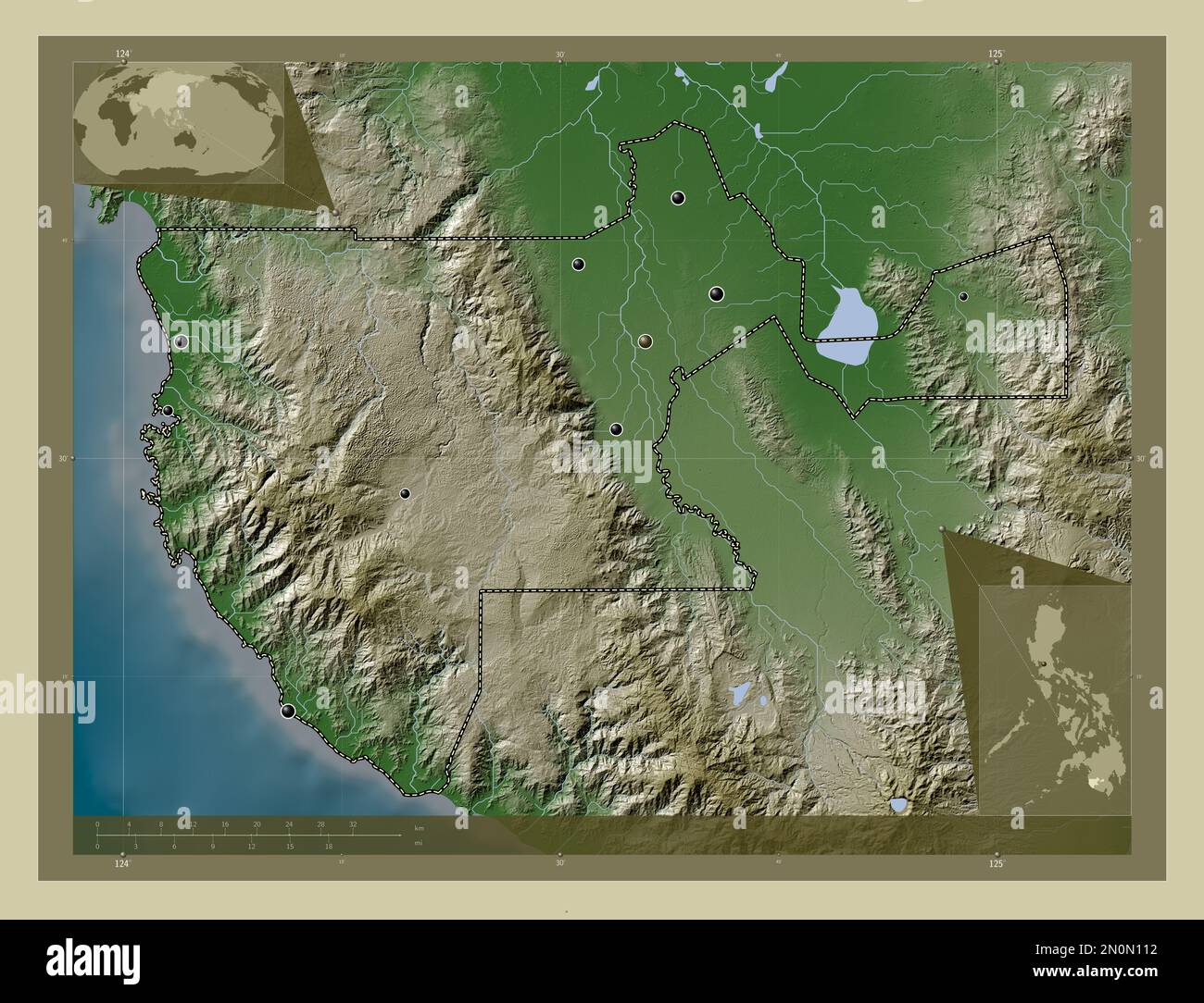 Sultan Kudarat, provincia delle Filippine. Mappa dell'altitudine colorata in stile wiki con laghi e fiumi. Posizioni delle principali città della regione. Angolo au Foto Stock