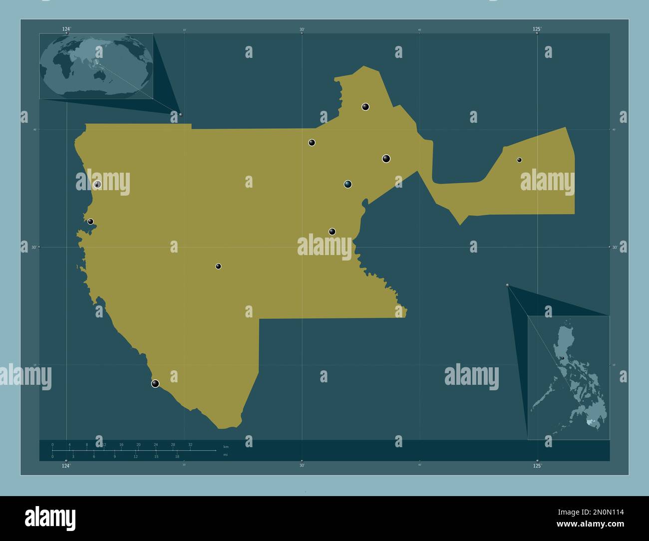 Sultan Kudarat, provincia delle Filippine. Forma a tinta unita. Posizioni delle principali città della regione. Mappe delle posizioni ausiliarie degli angoli Foto Stock