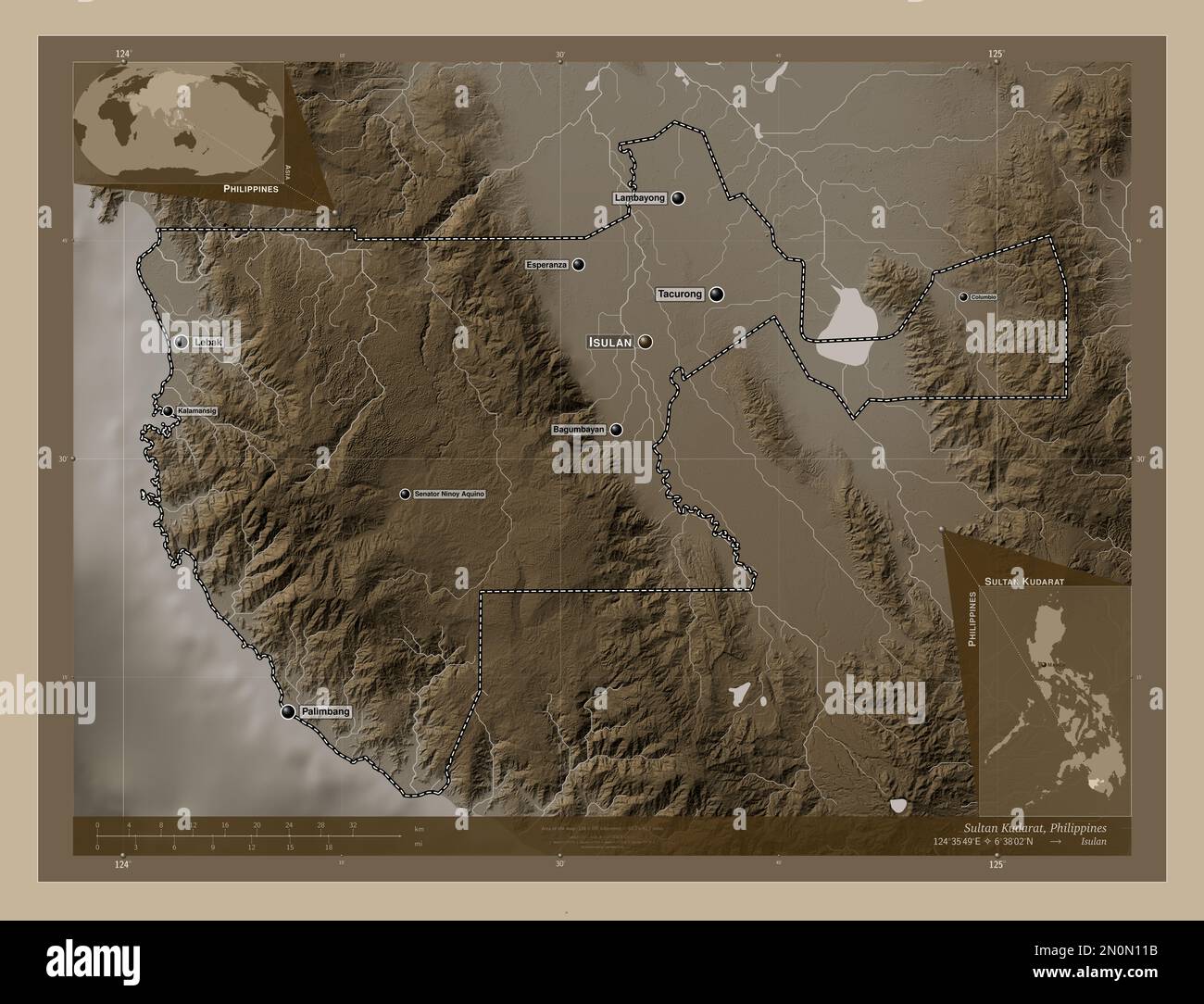 Sultan Kudarat, provincia delle Filippine. Mappa dell'altitudine colorata in tonalità seppia con laghi e fiumi. Località e nomi delle principali città della regione Foto Stock