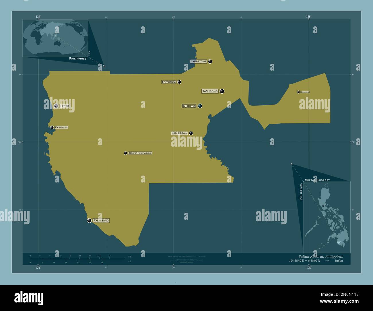 Sultan Kudarat, provincia delle Filippine. Forma a tinta unita. Località e nomi delle principali città della regione. Mappe delle posizioni ausiliarie degli angoli Foto Stock