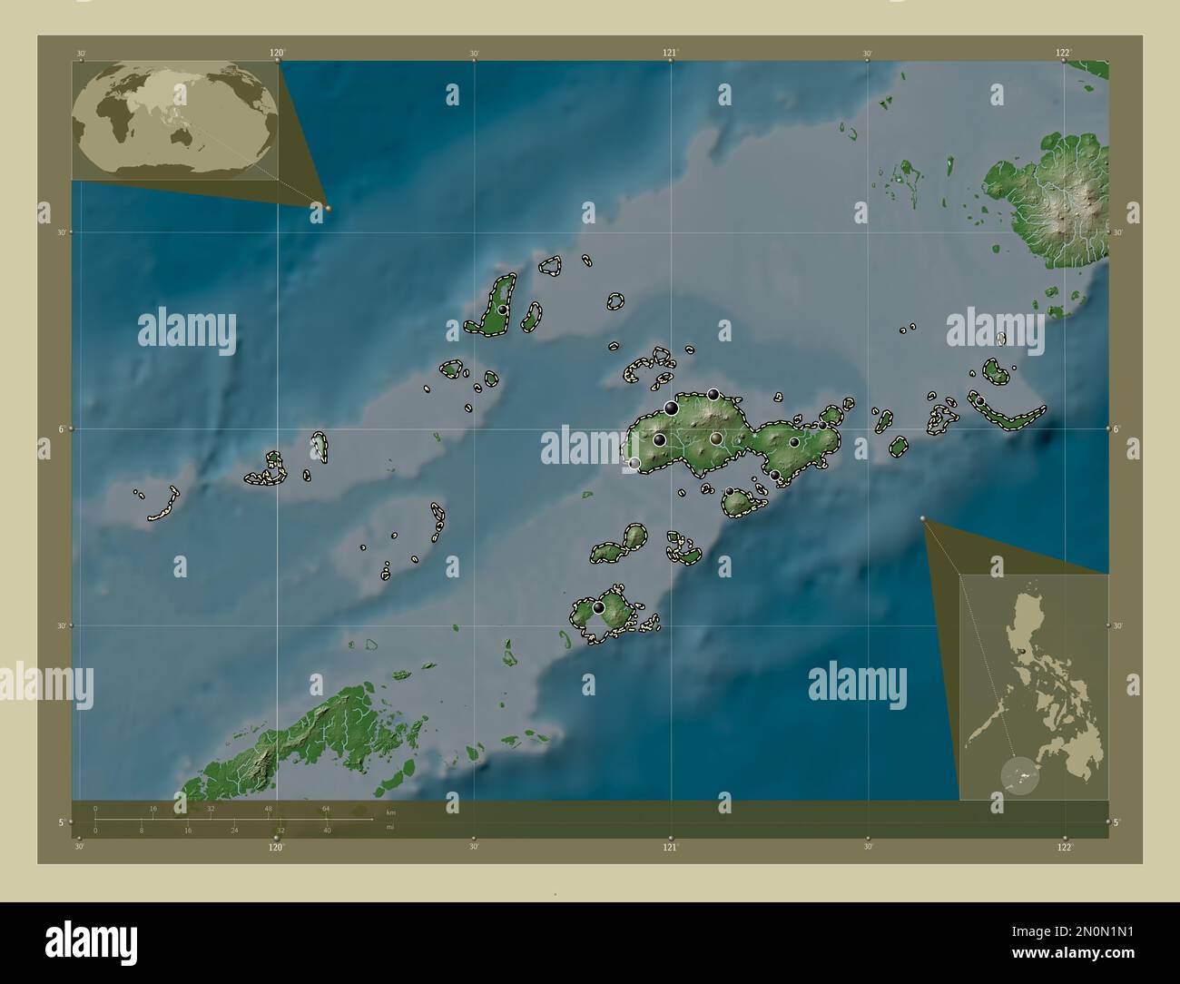 Sulu, provincia delle Filippine. Mappa dell'altitudine colorata in stile wiki con laghi e fiumi. Posizioni delle principali città della regione. Angolo ausiliario basso Foto Stock