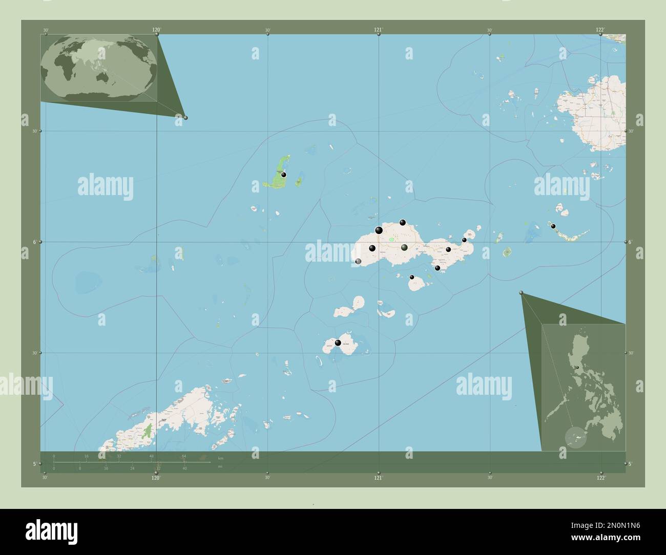 Sulu, provincia delle Filippine. Aprire la mappa stradale. Posizioni delle principali città della regione. Mappe delle posizioni ausiliarie degli angoli Foto Stock