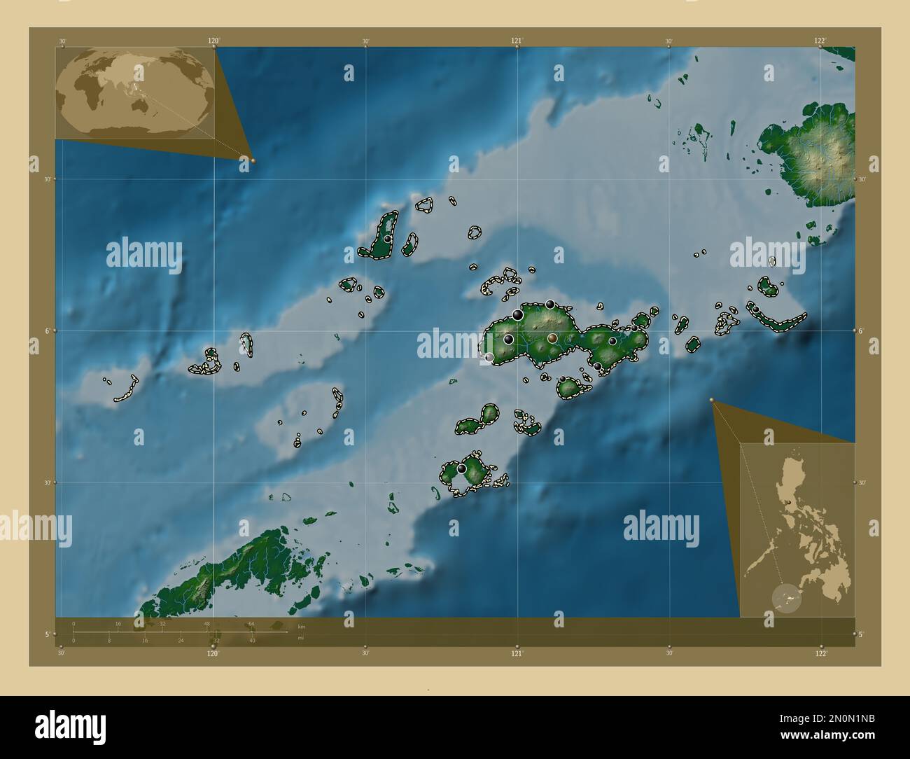 Sulu, provincia delle Filippine. Mappa di altitudine colorata con laghi e fiumi. Posizioni delle principali città della regione. Mappe delle posizioni ausiliarie degli angoli Foto Stock