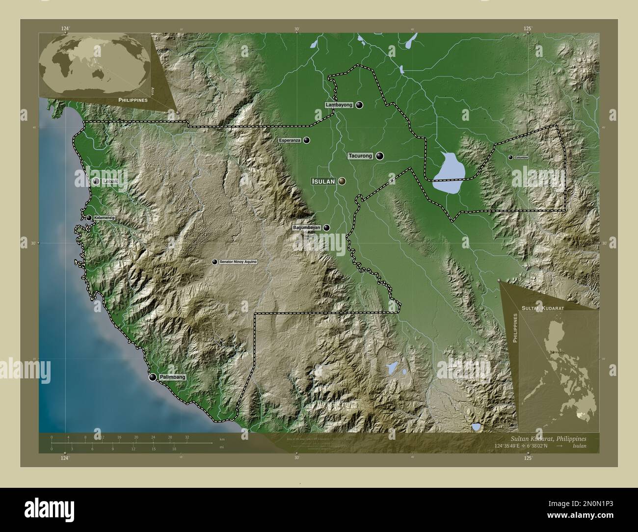 Sultan Kudarat, provincia delle Filippine. Mappa dell'altitudine colorata in stile wiki con laghi e fiumi. Località e nomi delle principali città della regione. Foto Stock