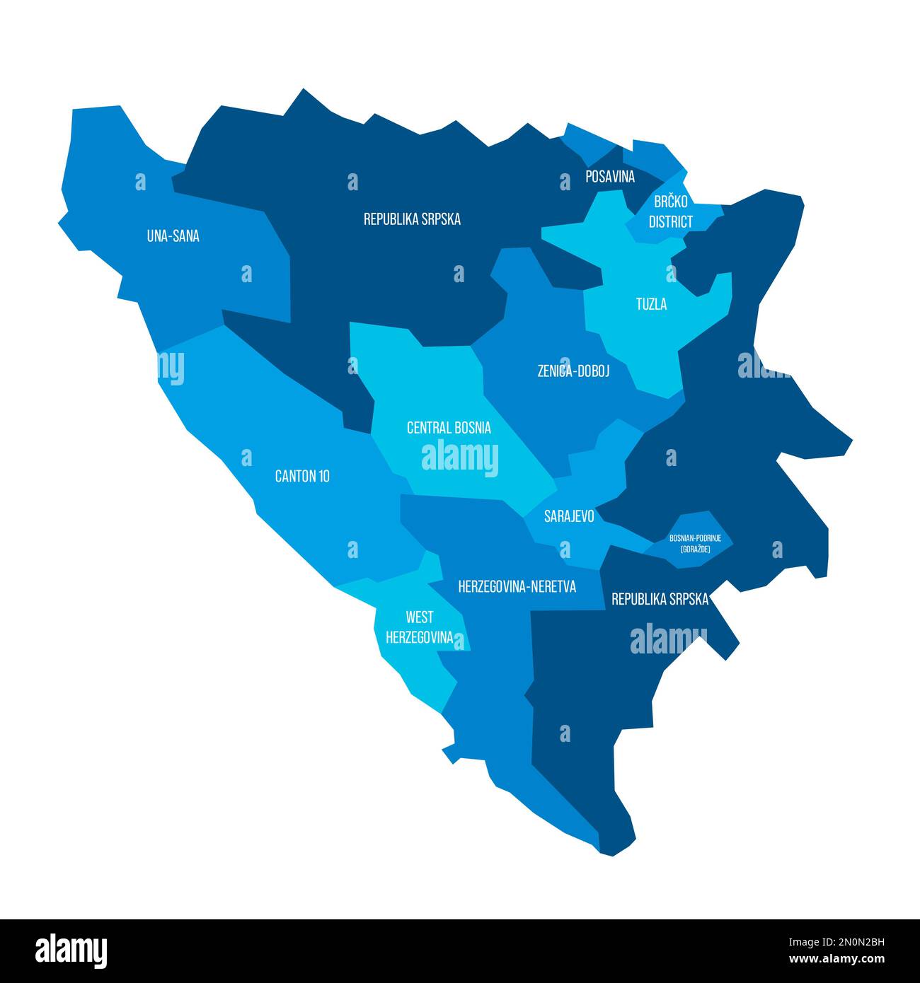 Bosnia-Erzegovina carta politica delle divisioni amministrative - Cantoni della Federazione di Bosnia-Erzegovina e Republika Srpska. Mappa vettoriale blu piatta con etichette dei nomi. Illustrazione Vettoriale