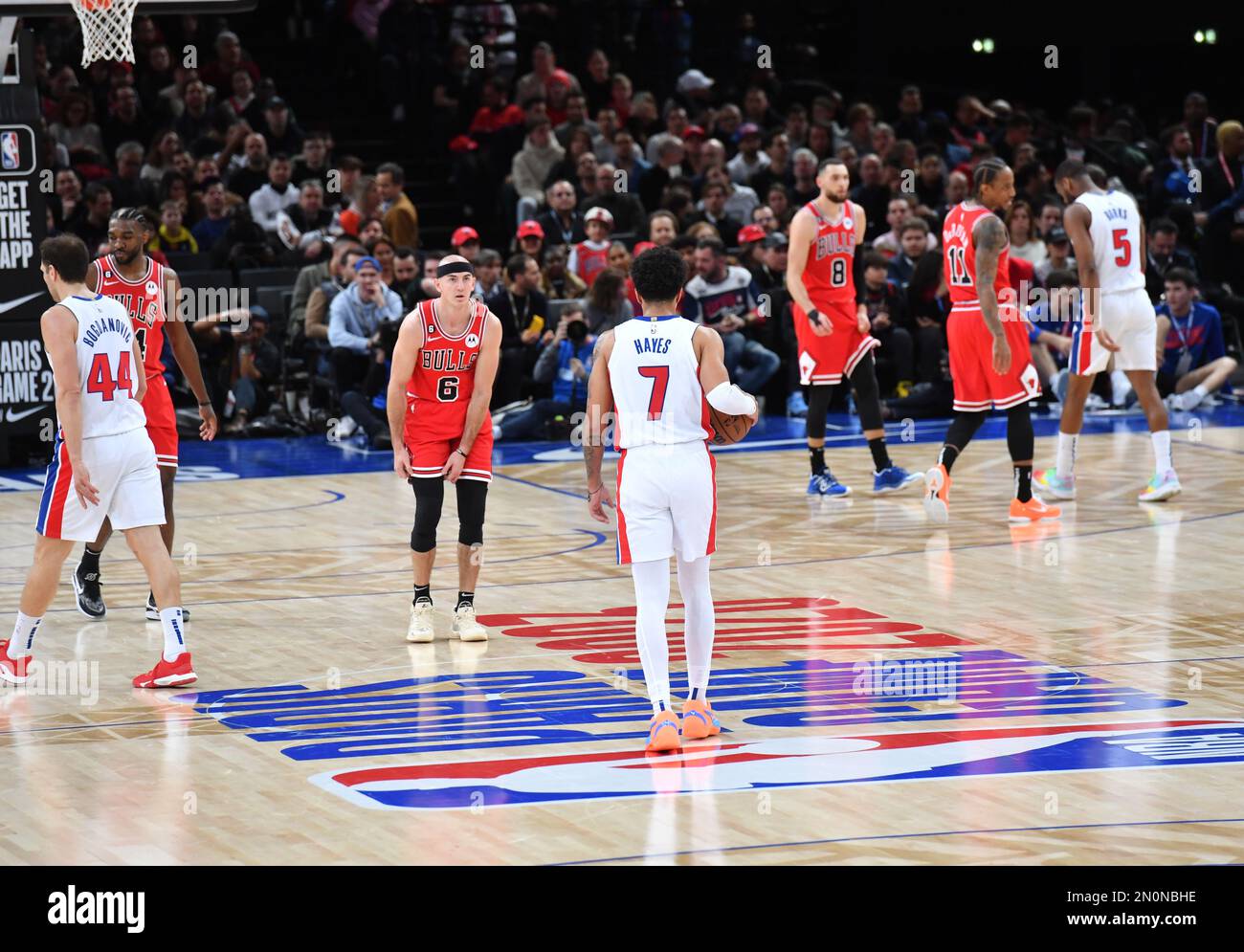 Partita NBA Paris Game 2023 tra Detroit Pistons e Chicago Bulls all'AccorHotels Arena il 19 gennaio 2023 a Parigi, Francia Foto Stock