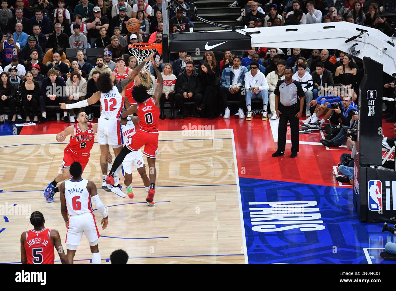 Partita NBA Paris Game 2023 tra Detroit Pistons e Chicago Bulls all'AccorHotels Arena il 19 gennaio 2023 a Parigi, Francia Foto Stock