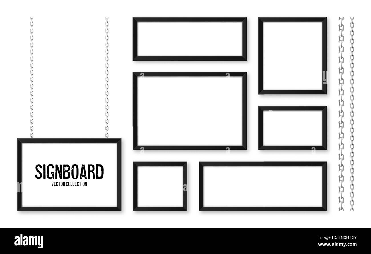 Cartelli neri appesi su una catena metallica. Menu del ristorante. Moderno poster mockup. Foto o cornice vuota. Pubblicità o presentazione Illustrazione Vettoriale