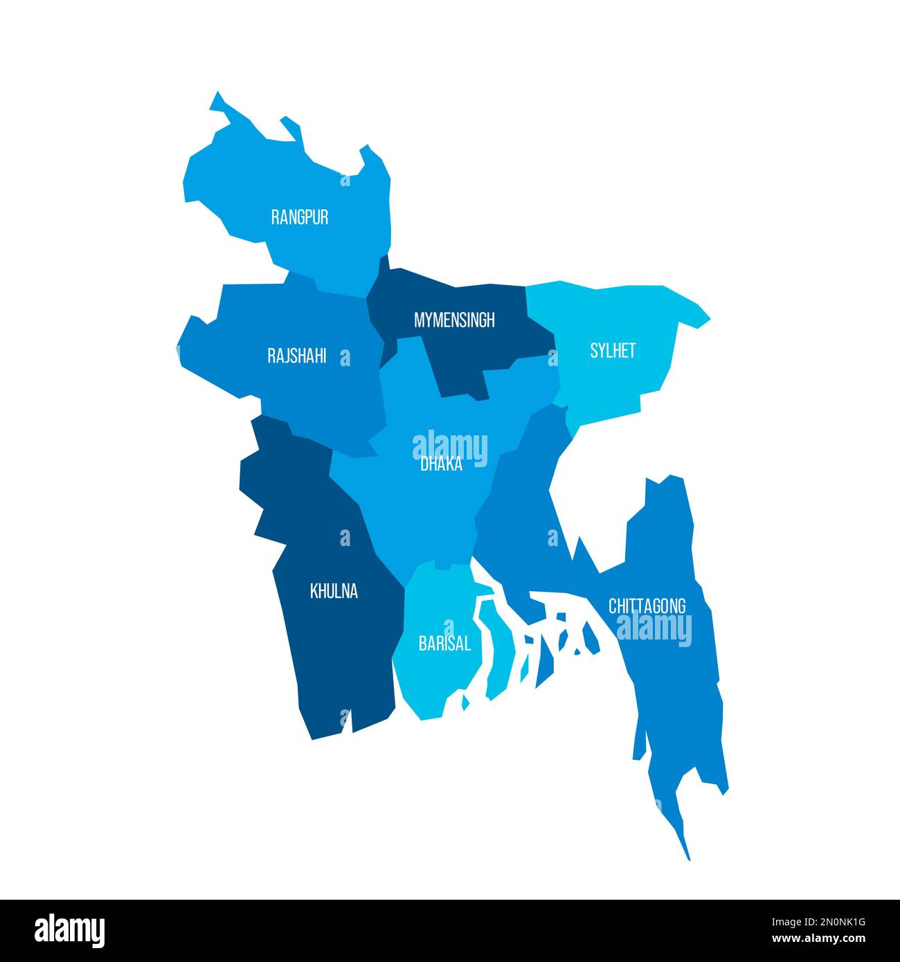 Bangladesh mappa politica delle divisioni amministrative - divisioni. Mappa vettoriale blu piatta con etichette dei nomi. Illustrazione Vettoriale