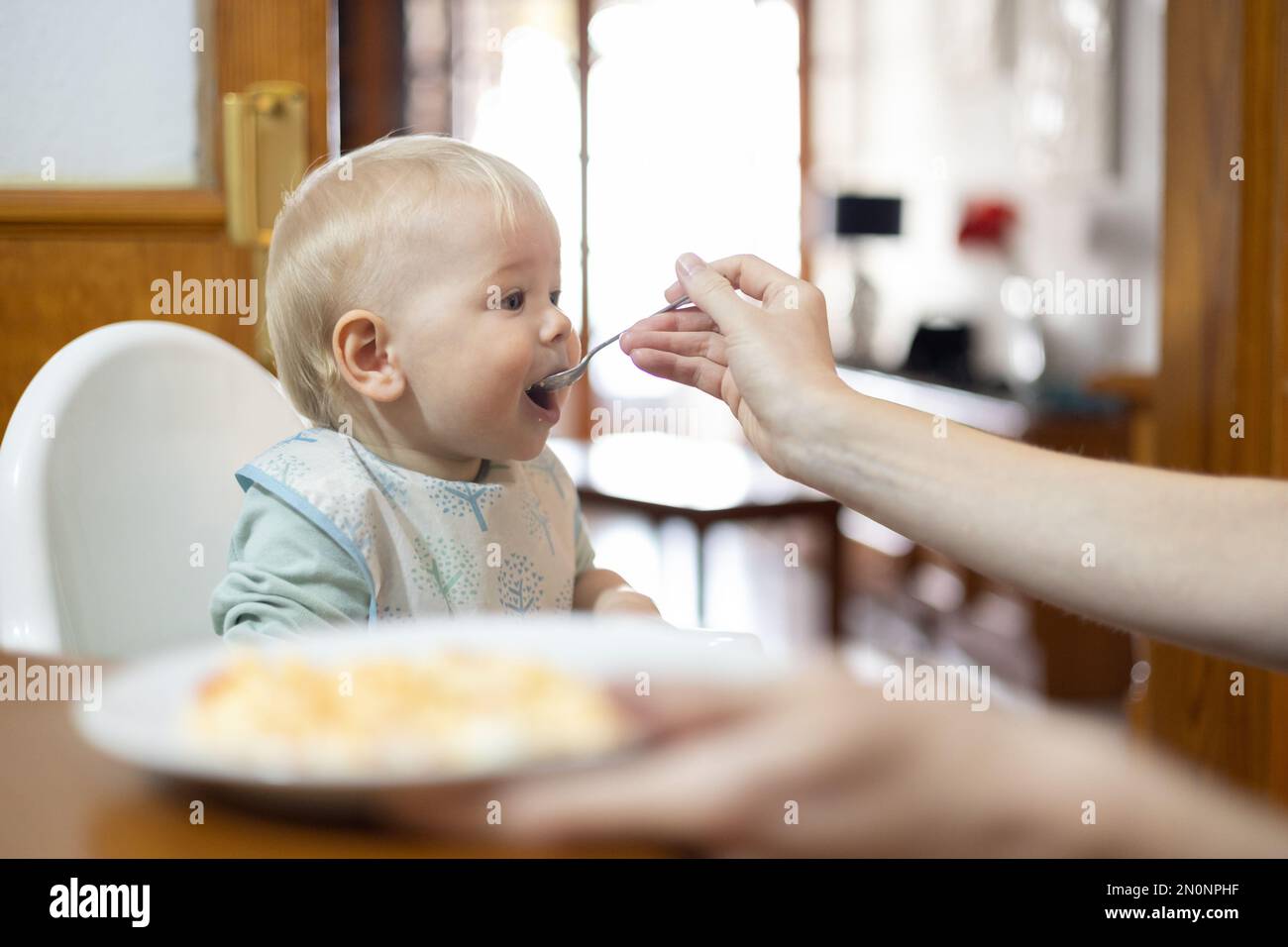 Il cucchiaio della madre che alimenta il suo bambino bambino del bambino del bambino del bambino del bambino che si siede in seggiolone al tavolo da pranzo in cucina a casa. Foto Stock