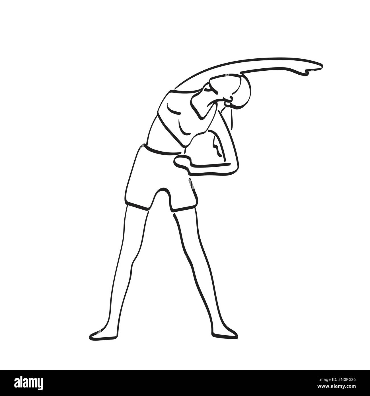 donna che allunga le braccia in classe yoga illustrazione vettore disegnato a mano isolato su sfondo bianco linea d'arte Illustrazione Vettoriale