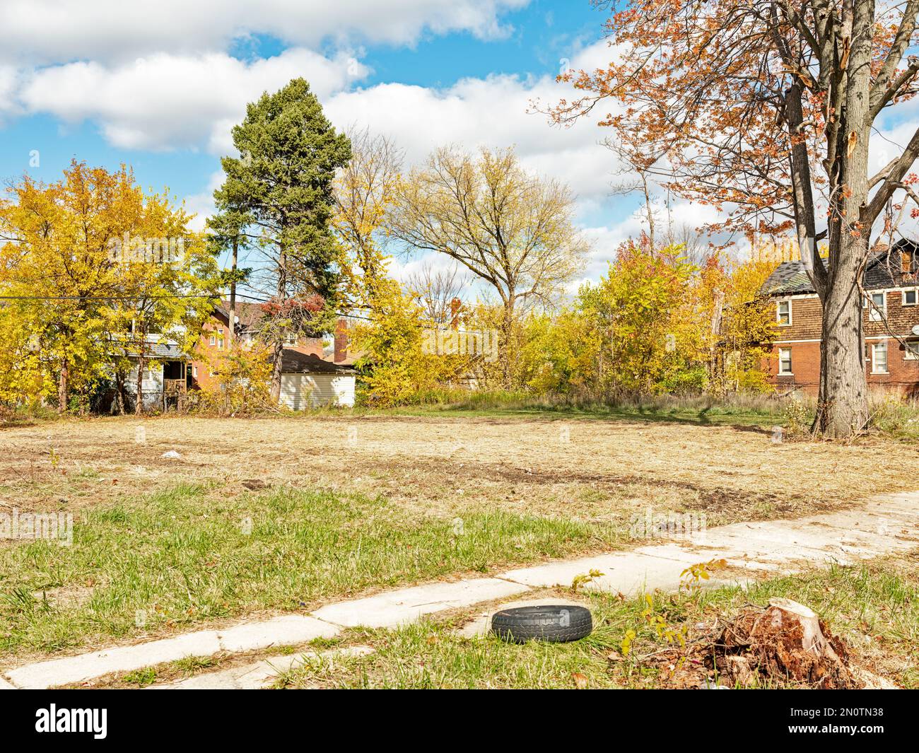 Un pneumatico sul marciapiede si trova di fronte a un lotto vuoto nell'area di Highland Park di Detroit. Foto Stock