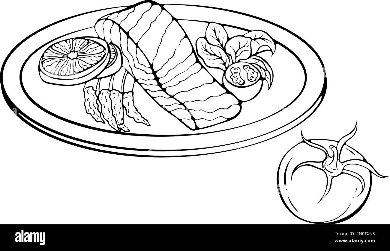 Filetto di salmone con verdure su un piatto Illustrazione Vettoriale