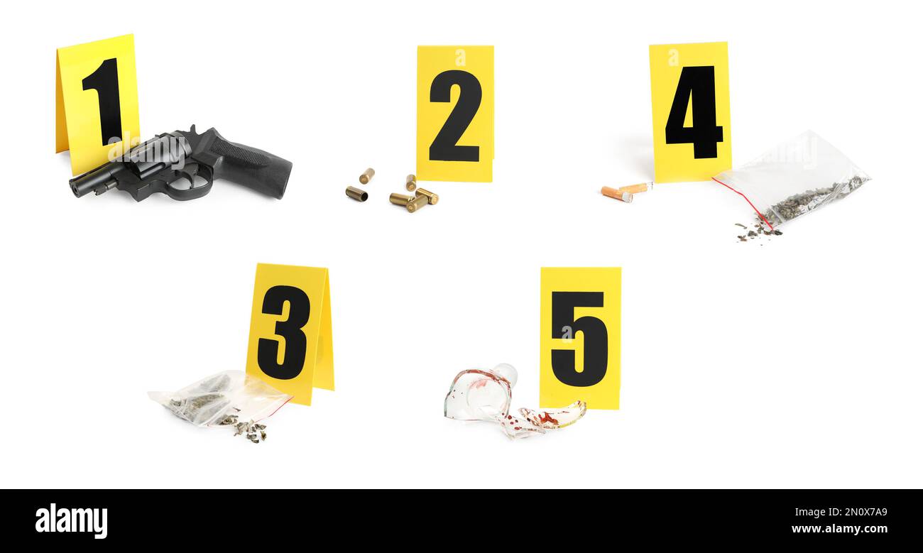 Indagine sulla scena del crimine. Set di indicatori e indizi di identificazione delle prove su sfondo bianco Foto Stock
