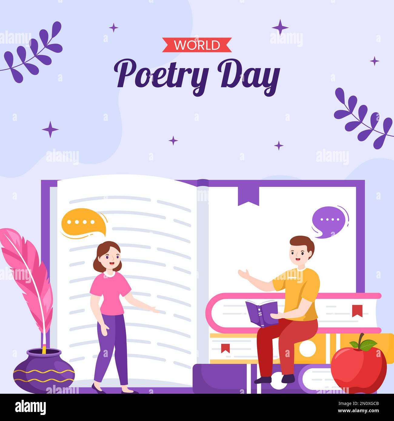 Giornata mondiale della poesia Social Media Illustrazione con carta e Quill Flat Cartoon modelli disegnati a mano Illustrazione Vettoriale