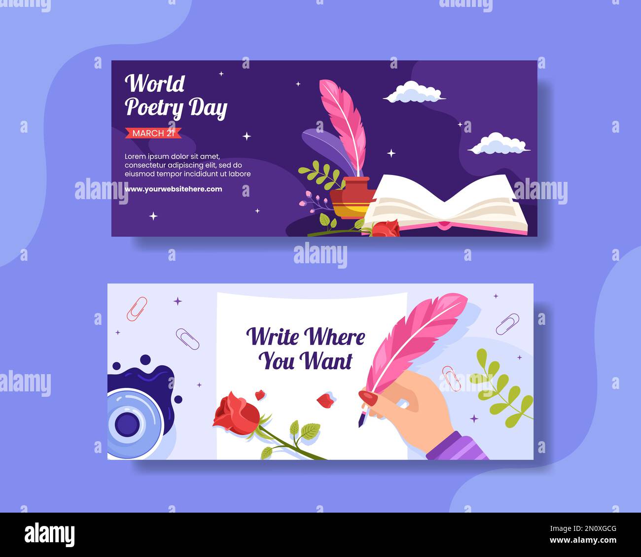 Banner orizzontale World Poetry Day con carta e cartoni piatti Quill modelli disegnati a mano Illustrazione Illustrazione Vettoriale