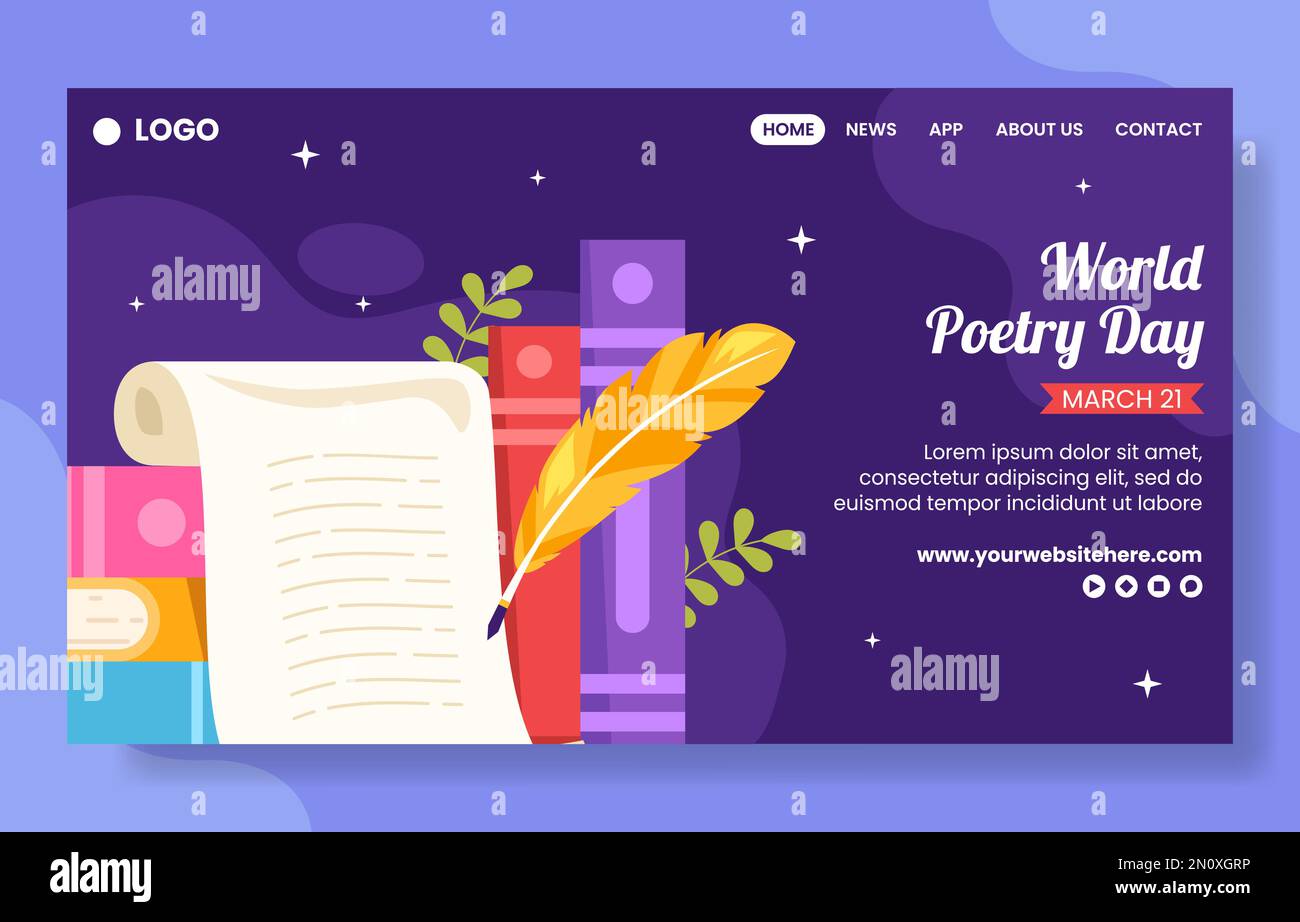 Landing page sui social media della Giornata Mondiale della Poesia con carta e cartoni piatti Quill Illustrazione dei modelli disegnati a mano Illustrazione Vettoriale