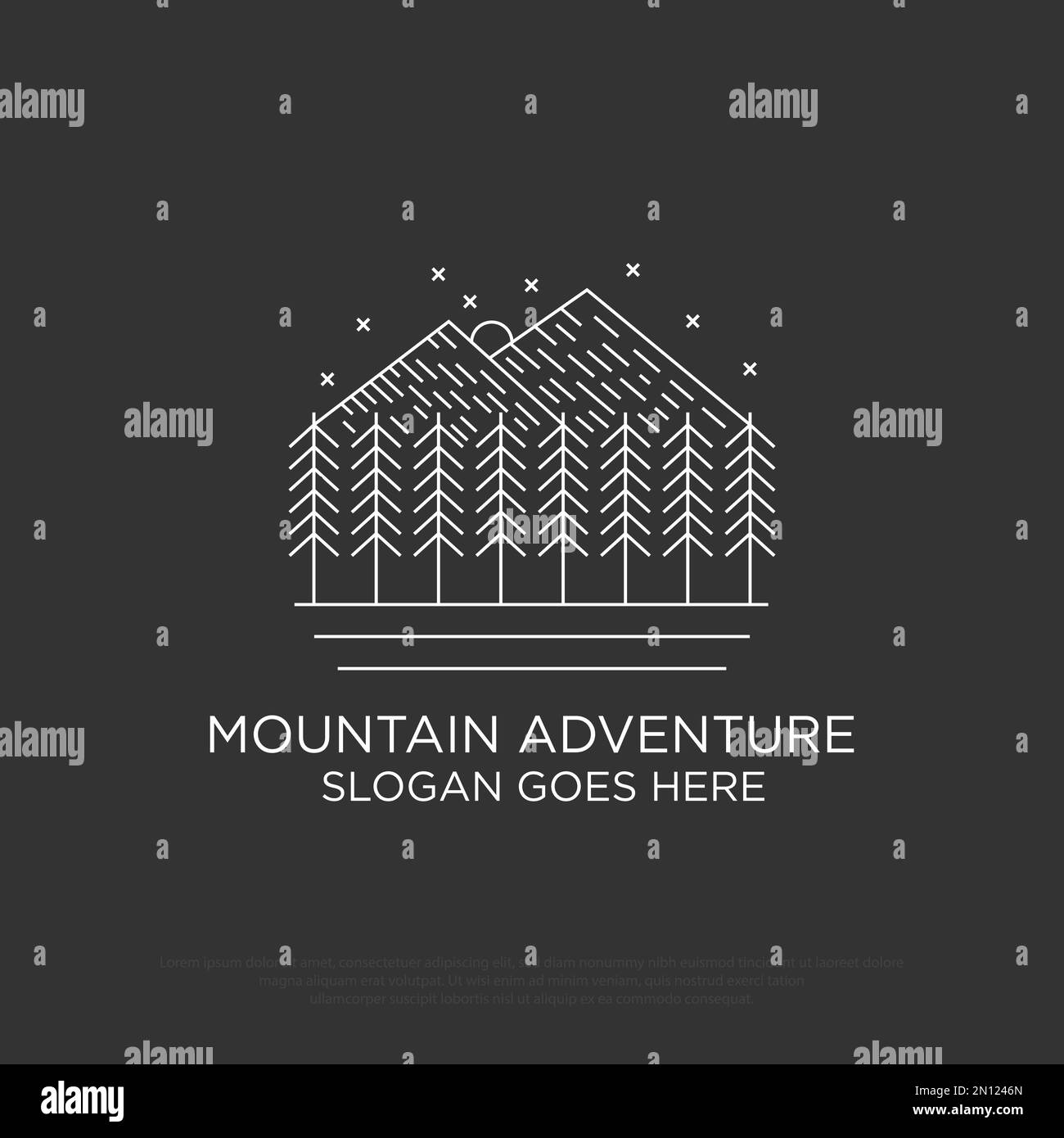 Avventura in montagna e alberi retro logo design vettore con contorno stile illustrazione Illustrazione Vettoriale
