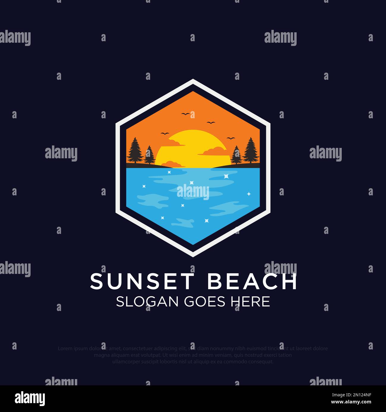 immagine vettoriale del logo della spiaggia del tramonto, modello di icona del logo della spiaggia dell'estate esagonale Illustrazione Vettoriale