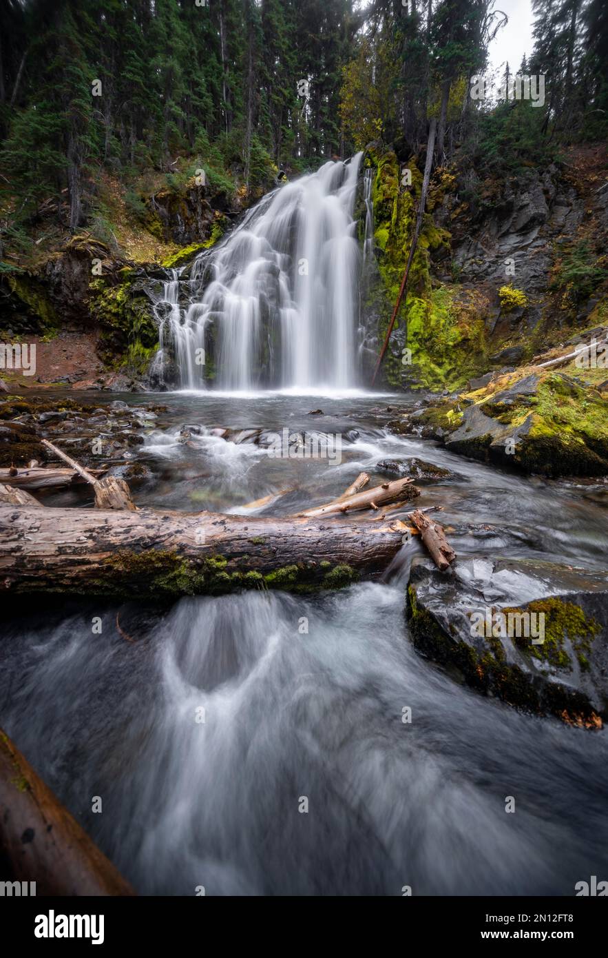 Cascata, Middle Tumalo Falls, Long-Term View, Tumalo Creek, Bend, Contea di Deschutes, Oregon, Stati Uniti, Nord America Foto Stock