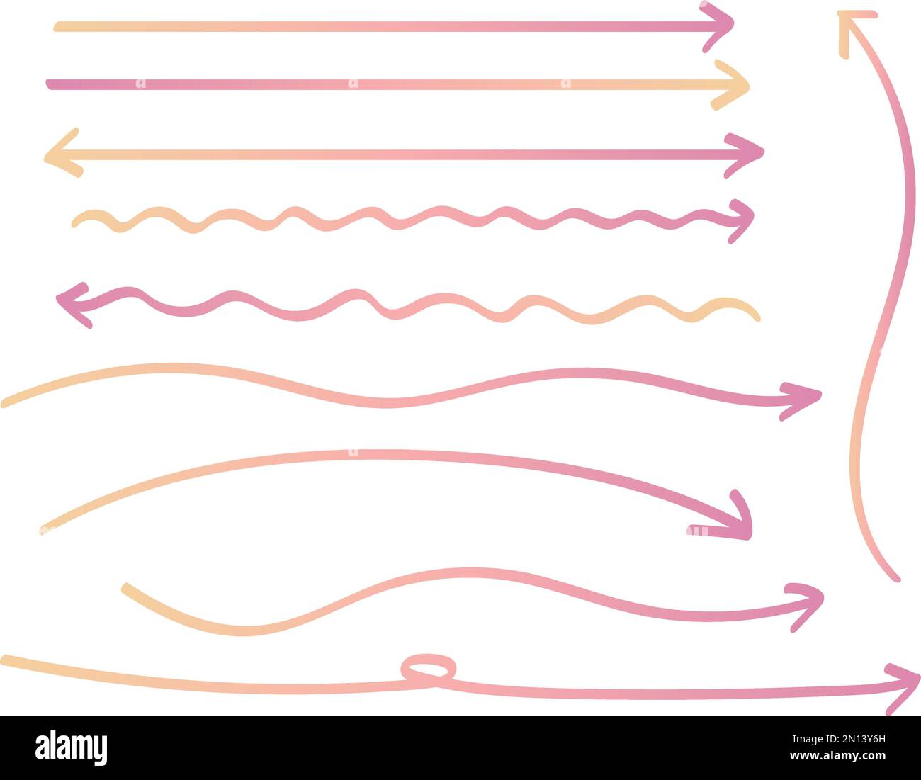 Set di frecce lunghe disegnate a mano con gradiente rosa e giallo. Frecce che si attorcigliano o frecce leggermente curve e diritte. Illustrazione Vettoriale