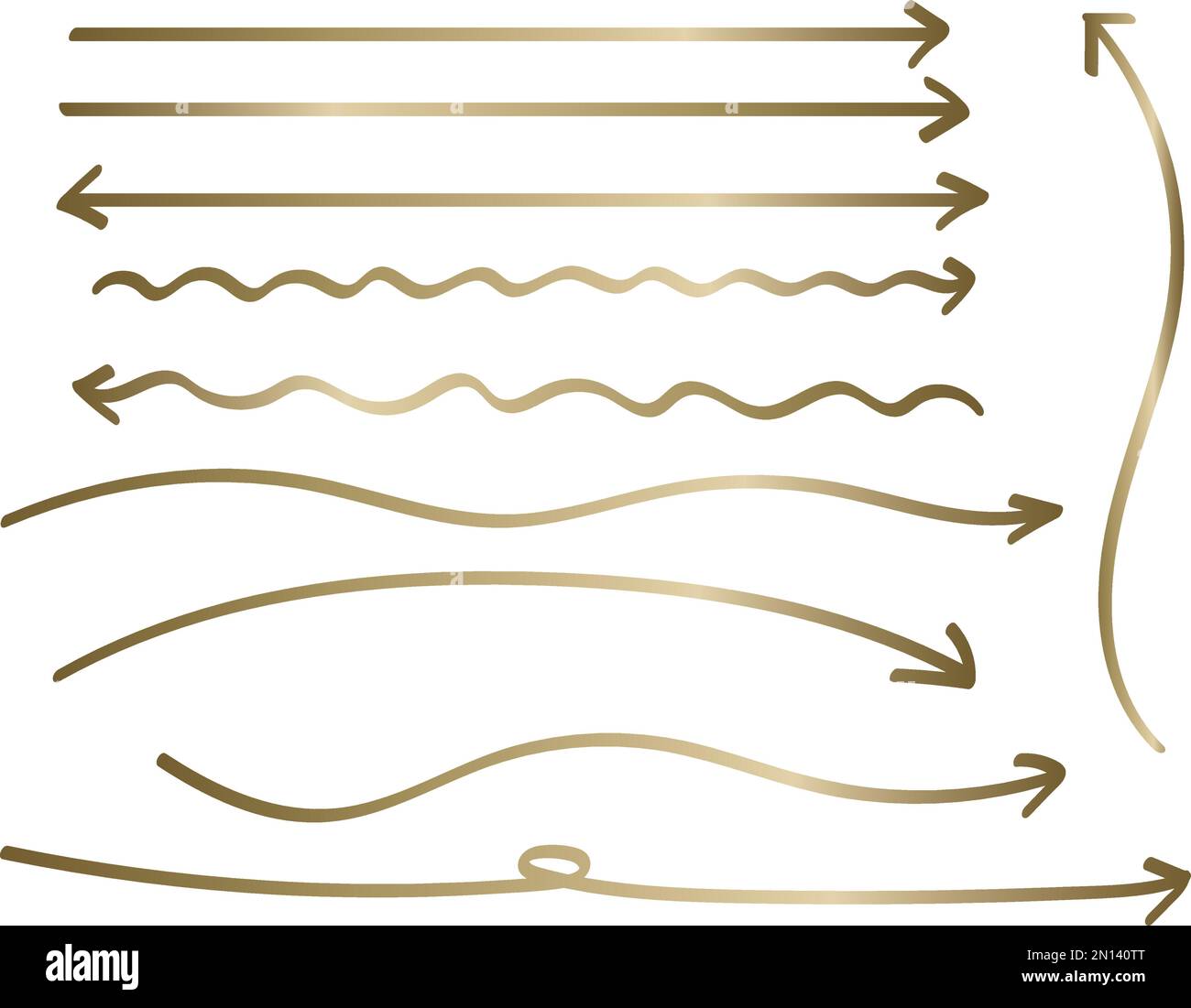 Set di frecce lunghe scritte a mano con gradiente dorato. Frecce che si attorcigliano o frecce leggermente curve e diritte. Illustrazione Vettoriale
