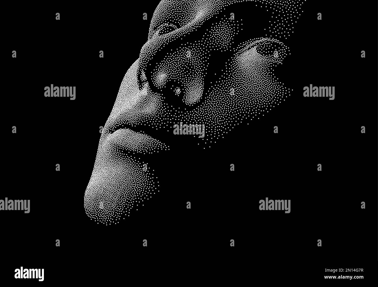 La rete che forma il volto umano dell'intelligenza artificiale. Concetto di tecnologia e robotica. Mascheramento sociale anonimo. Illustrazione del vettore della criminalità informatica e della sicurezza informatica. Illustrazione Vettoriale