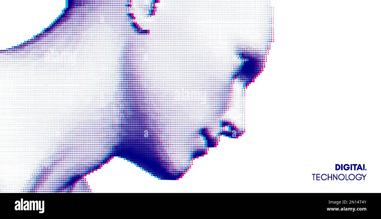 Testa uomo astratta fatta di puntini. Vista laterale dello sfondo della faccia tratteggiata. Riconoscimento facciale. Illustrazione vettoriale 3D. Illustrazione Vettoriale