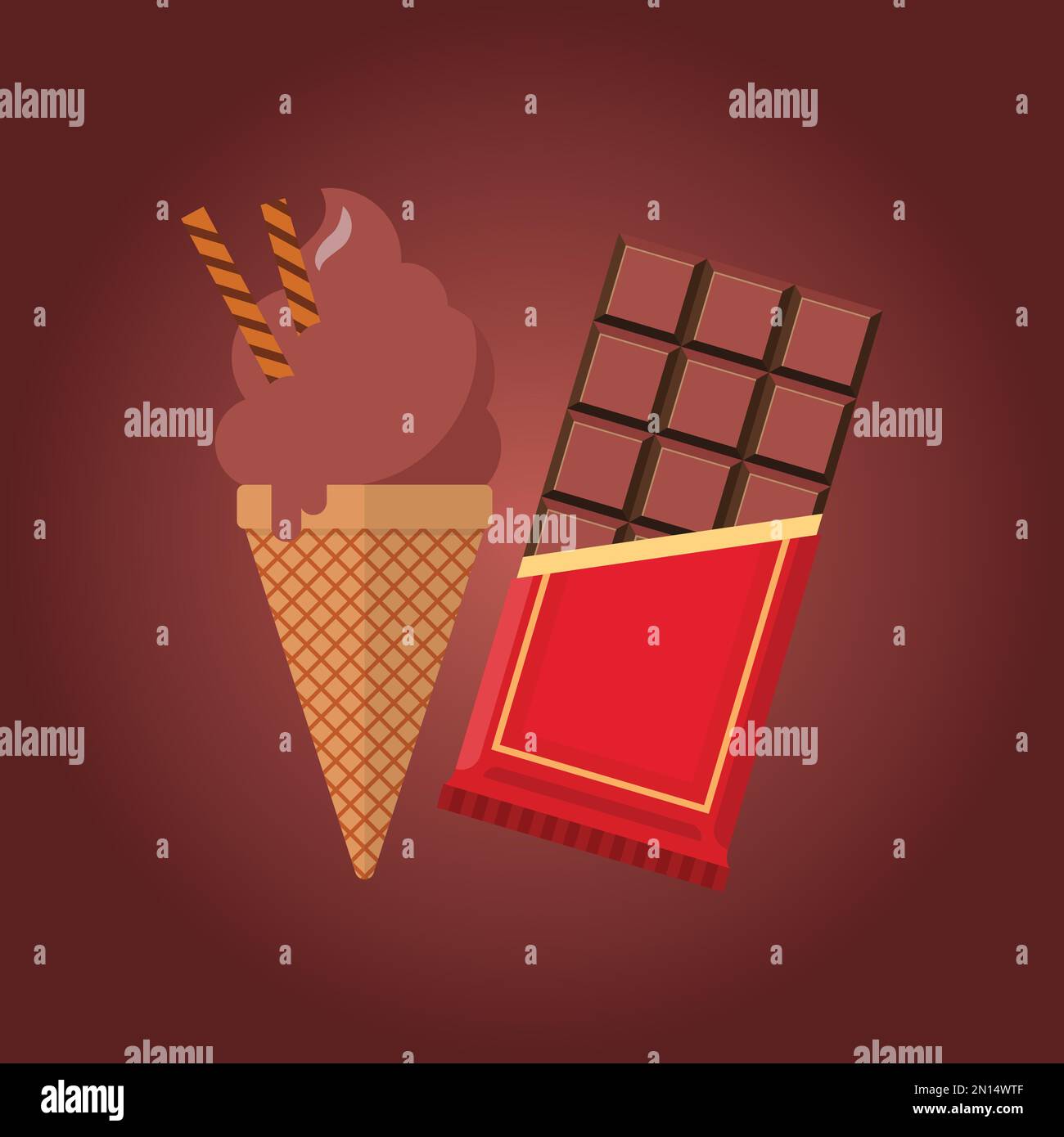 Gelato al cioccolato nel cono con barretta di cioccolato. Poster promozionale degli annunci con illustrazioni vettoriali Illustrazione Vettoriale